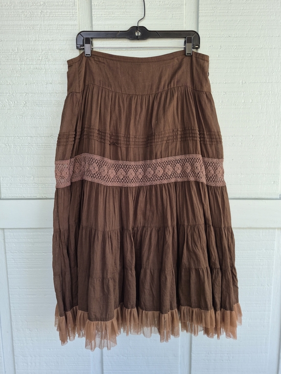 Derek Heart Dresses & Skirts - Derek Heart Brown Midi Tiered Skirt with Lace Band, Tulle Hem L Boho Fairycore